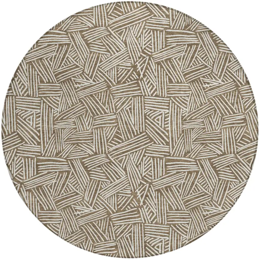 8' Brown And Ivory Round Geometric Washable Indoor Outdoor Area Rug Photo 3