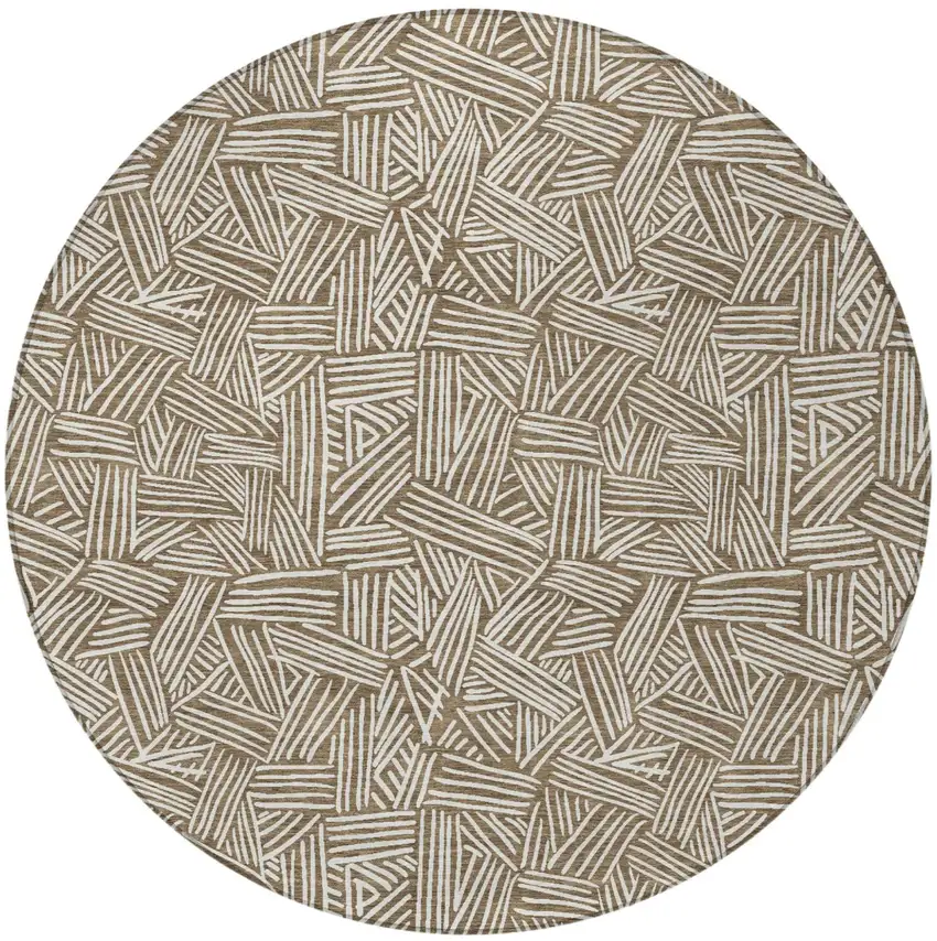 8' Brown And Ivory Round Geometric Washable Indoor Outdoor Area Rug Photo 4