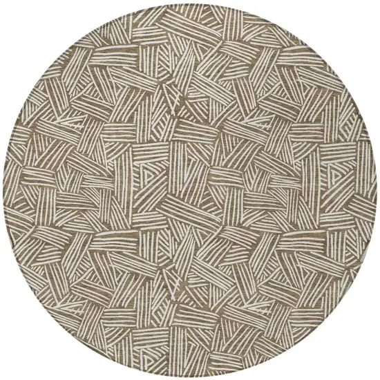8' Brown And Ivory Round Geometric Washable Indoor Outdoor Area Rug Photo 4
