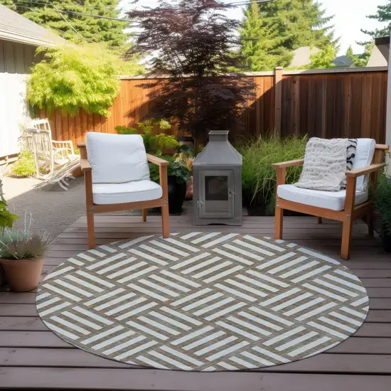 8' Brown And Ivory Round Geometric Washable Indoor Outdoor Area Rug Photo 6