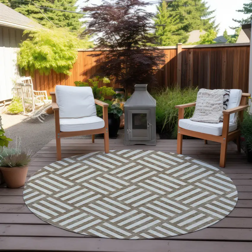 8' Brown And Ivory Round Geometric Washable Indoor Outdoor Area Rug Photo 6