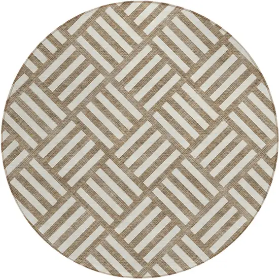 8' Brown And Ivory Round Geometric Washable Indoor Outdoor Area Rug Photo 2