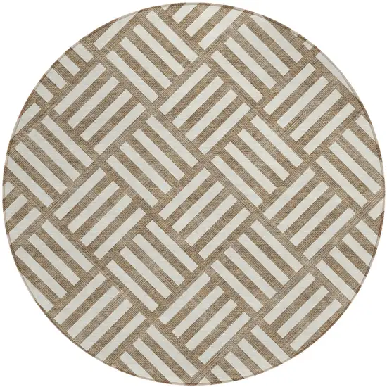 8' Brown And Ivory Round Geometric Washable Indoor Outdoor Area Rug Photo 2