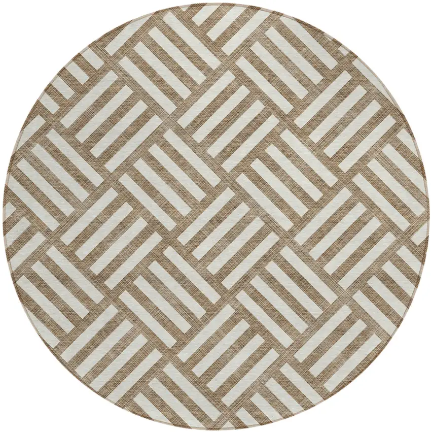 8' Brown And Ivory Round Geometric Washable Indoor Outdoor Area Rug Photo 2