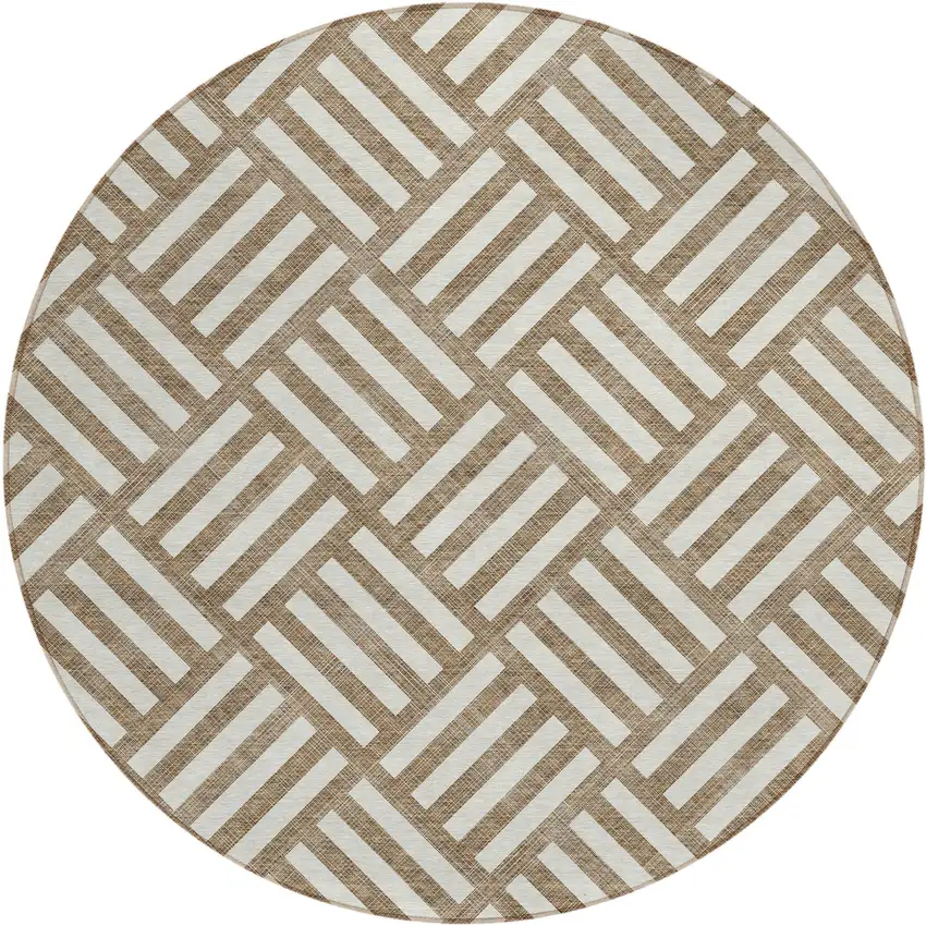 8' Brown And Ivory Round Geometric Washable Indoor Outdoor Area Rug Photo 2