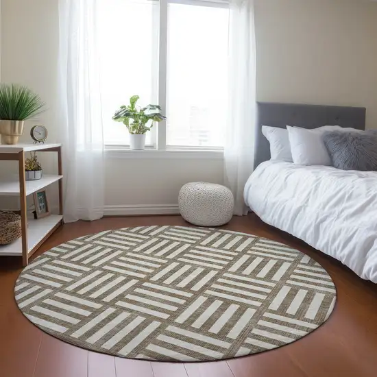 8' Brown And Ivory Round Geometric Washable Indoor Outdoor Area Rug Photo 7