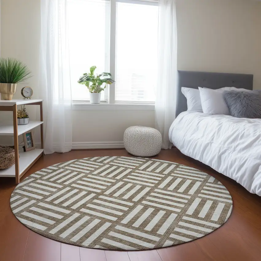8' Brown And Ivory Round Geometric Washable Indoor Outdoor Area Rug Photo 7