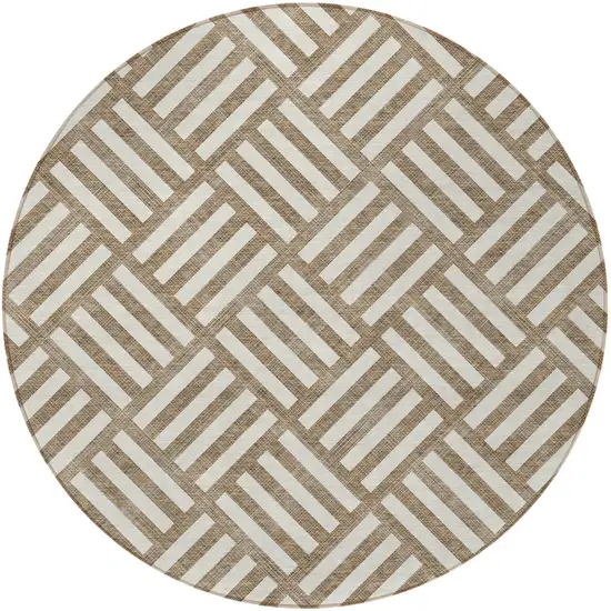 8' Brown And Ivory Round Geometric Washable Indoor Outdoor Area Rug Photo 5