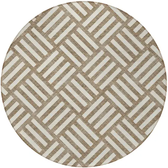 8' Brown And Ivory Round Geometric Washable Indoor Outdoor Area Rug Photo 5