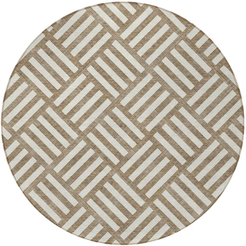 8' Brown And Ivory Round Geometric Washable Indoor Outdoor Area Rug Photo 5