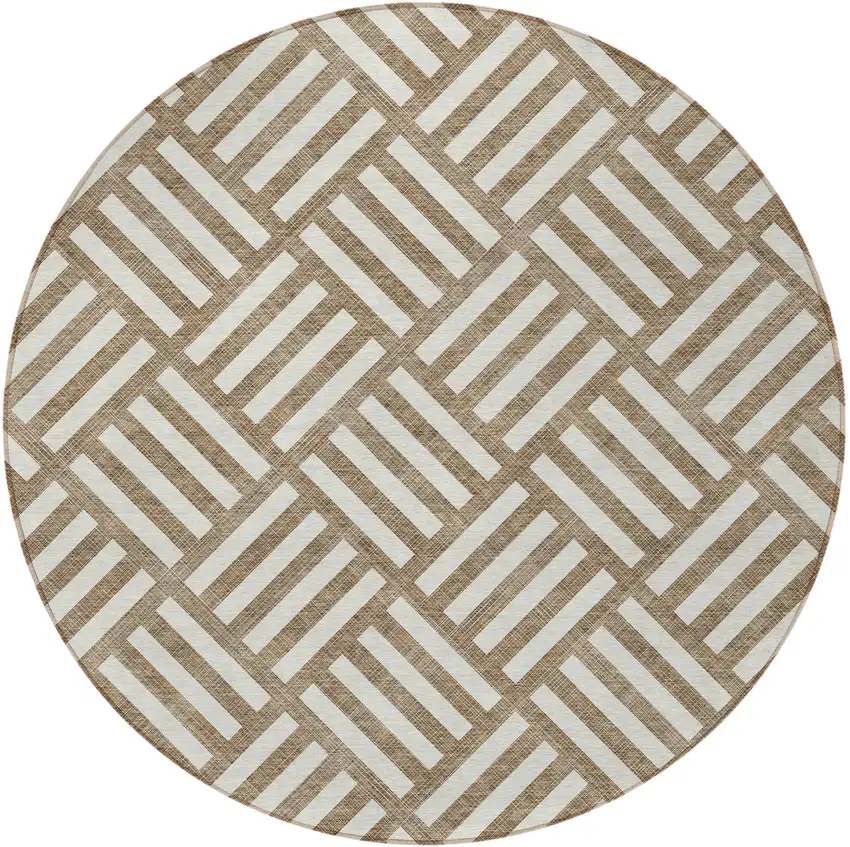 8' Brown And Ivory Round Geometric Washable Indoor Outdoor Area Rug Photo 5