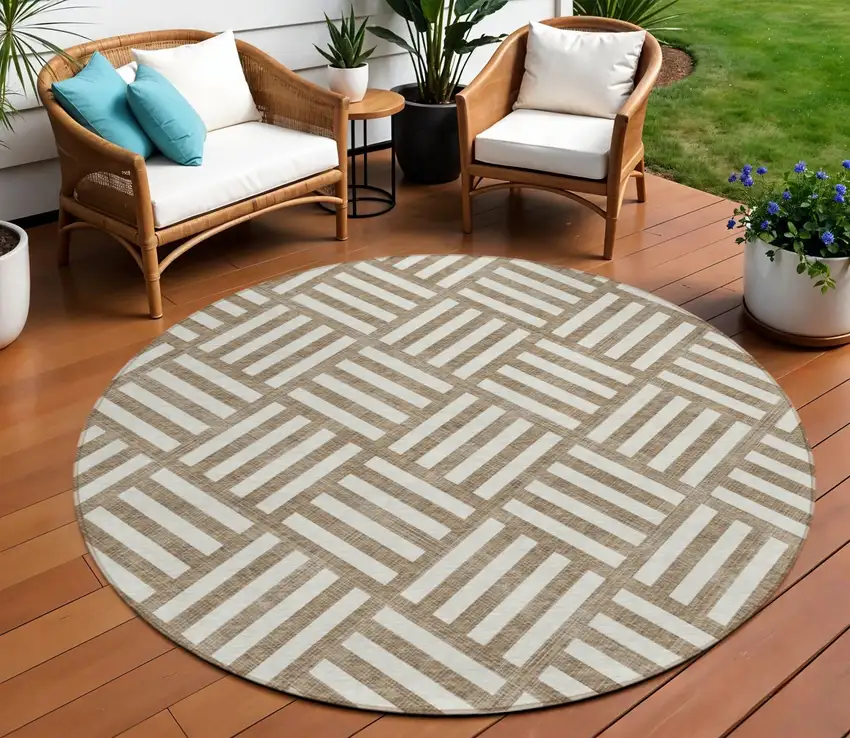 8' Brown And Ivory Round Geometric Washable Indoor Outdoor Area Rug Photo 1