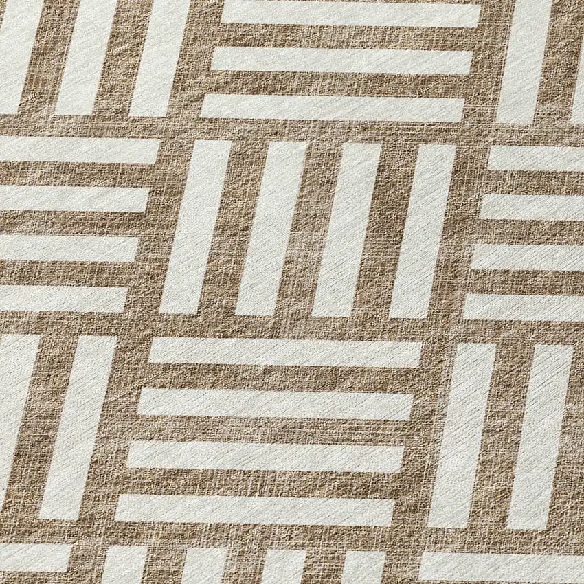 8' Brown And Ivory Round Geometric Washable Indoor Outdoor Area Rug Photo 4