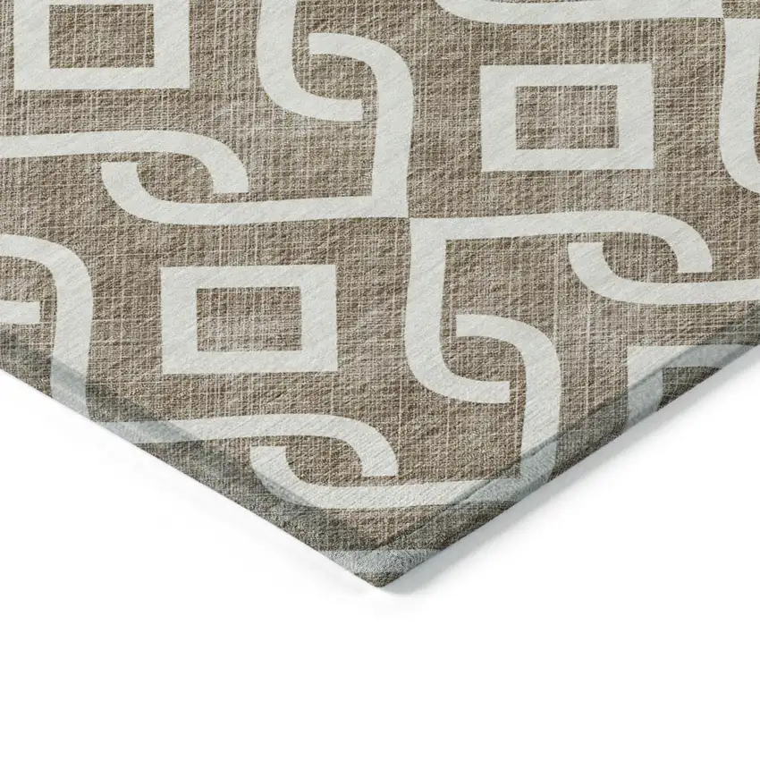8' Brown And Ivory Round Geometric Washable Indoor Outdoor Area Rug Photo 4