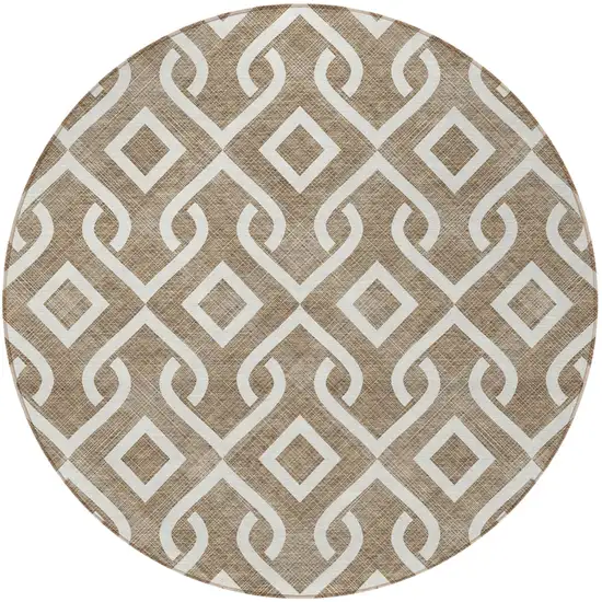 8' Brown And Ivory Round Geometric Washable Indoor Outdoor Area Rug Photo 7