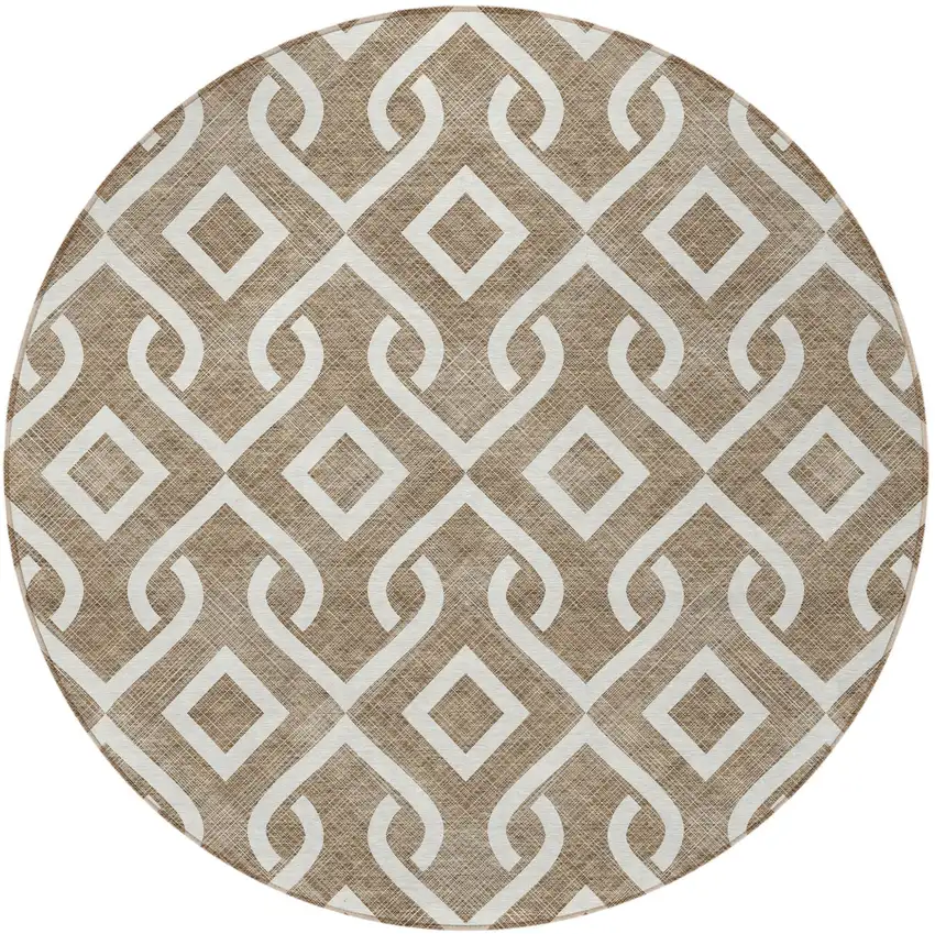 8' Brown And Ivory Round Geometric Washable Indoor Outdoor Area Rug Photo 7