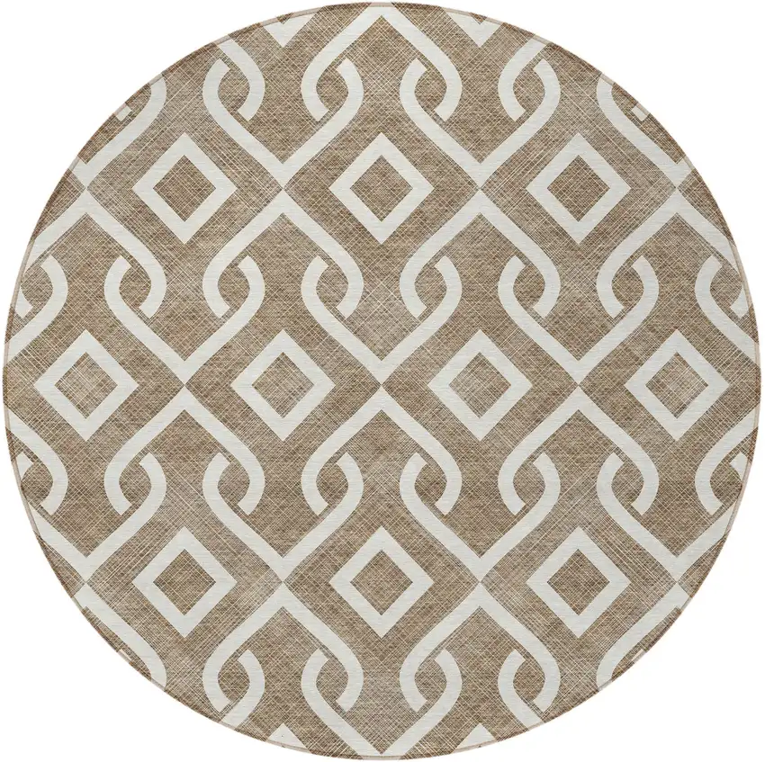 8' Brown And Ivory Round Geometric Washable Indoor Outdoor Area Rug Photo 7