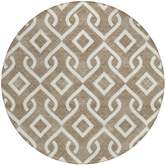 8' Brown And Ivory Round Geometric Washable Indoor Outdoor Area Rug Photo 3