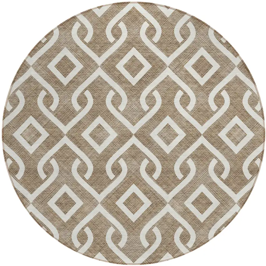 8' Brown And Ivory Round Geometric Washable Indoor Outdoor Area Rug Photo 3