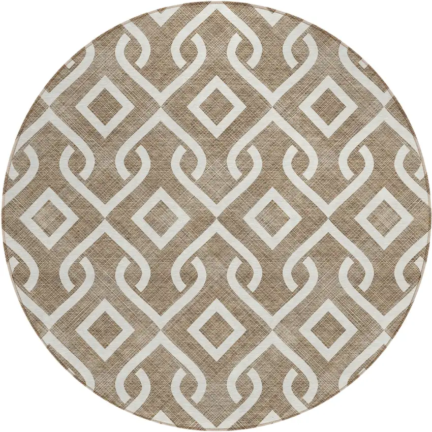 8' Brown And Ivory Round Geometric Washable Indoor Outdoor Area Rug Photo 3