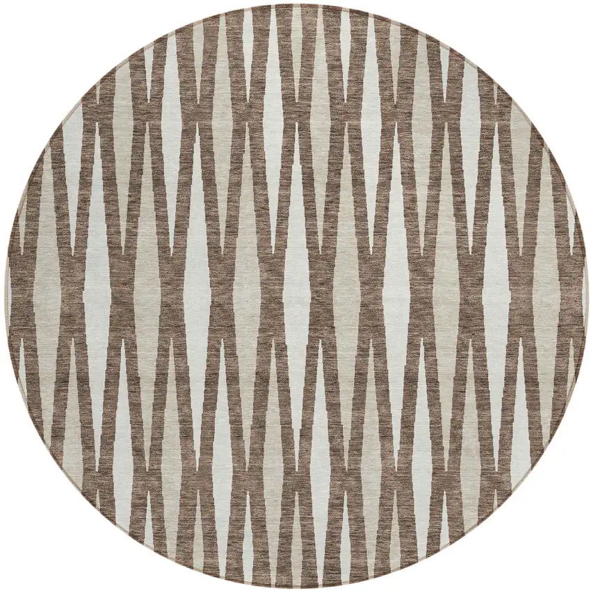 8' Brown And Ivory Round Geometric Washable Indoor Outdoor Area Rug Photo 2