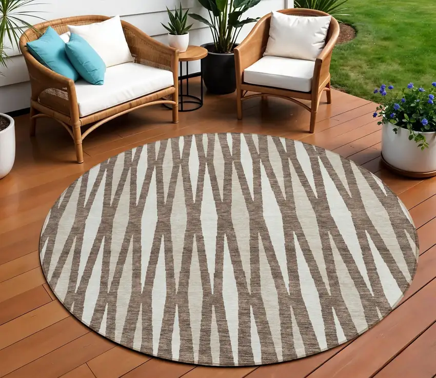 8' Brown And Ivory Round Geometric Washable Indoor Outdoor Area Rug Photo 1