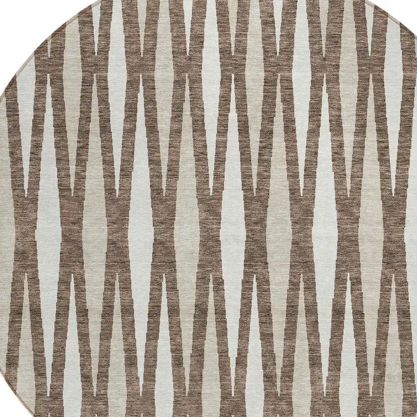 8' Brown And Ivory Round Geometric Washable Indoor Outdoor Area Rug Photo 4