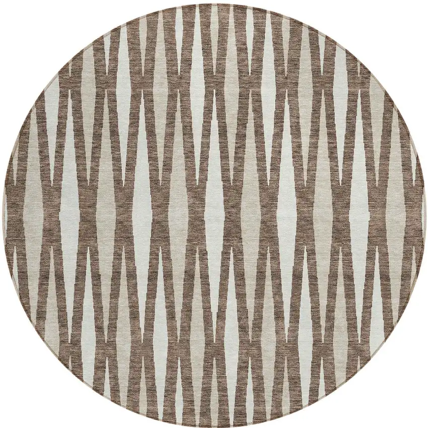 8' Brown And Ivory Round Geometric Washable Indoor Outdoor Area Rug Photo 5