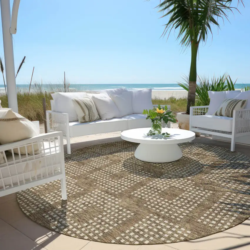 8' Brown And Ivory Round Geometric Washable Indoor Outdoor Area Rug Photo 6
