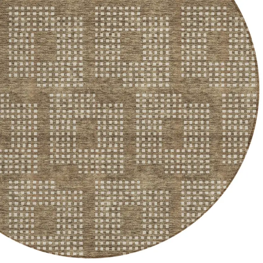 8' Brown And Ivory Round Geometric Washable Indoor Outdoor Area Rug Photo 4