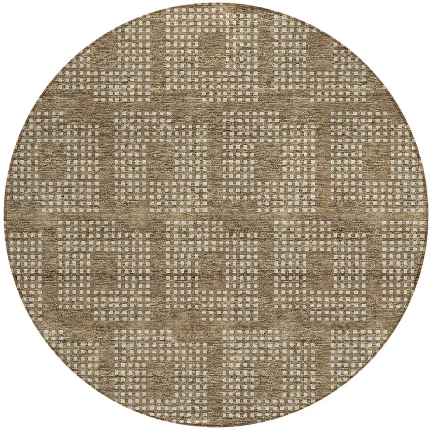 8' Brown And Ivory Round Geometric Washable Indoor Outdoor Area Rug Photo 5