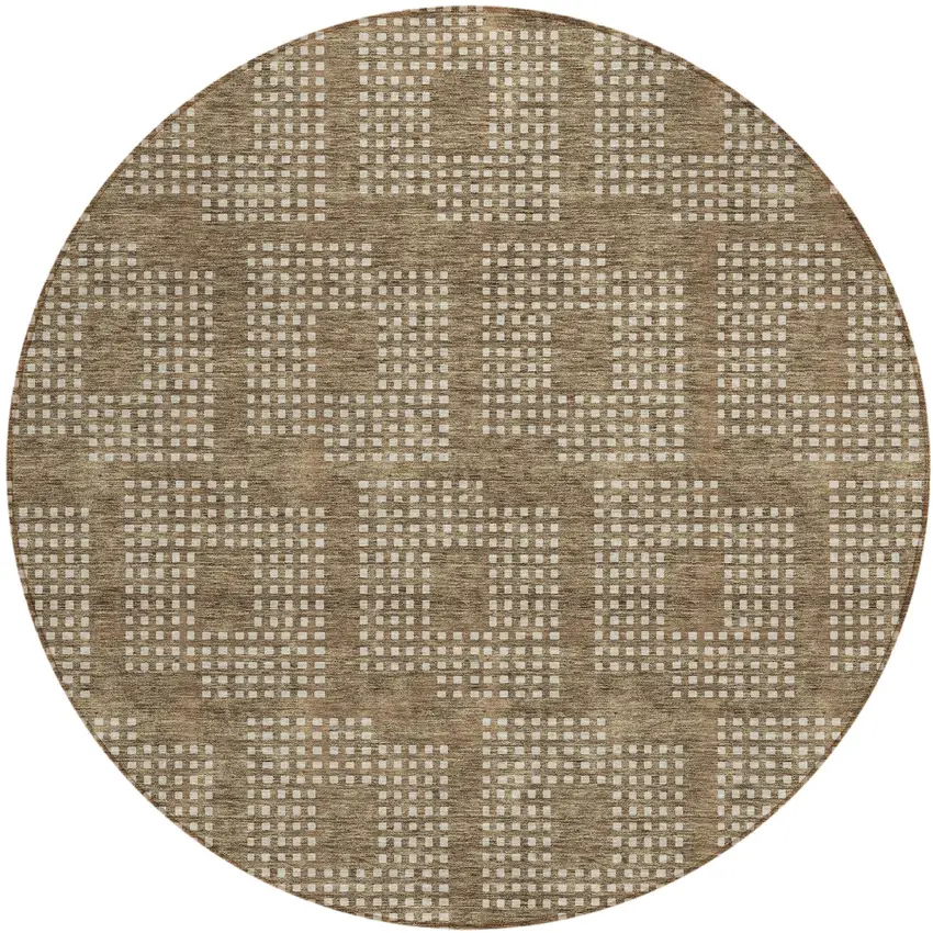 8' Brown And Ivory Round Geometric Washable Indoor Outdoor Area Rug Photo 2