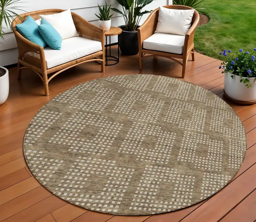 8' Brown And Ivory Round Geometric Washable Indoor Outdoor Area Rug Photo 1