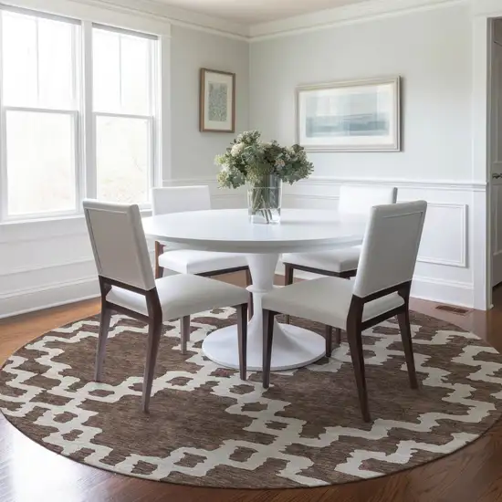 8' Brown And Ivory Round Geometric Washable Indoor Outdoor Area Rug Photo 7
