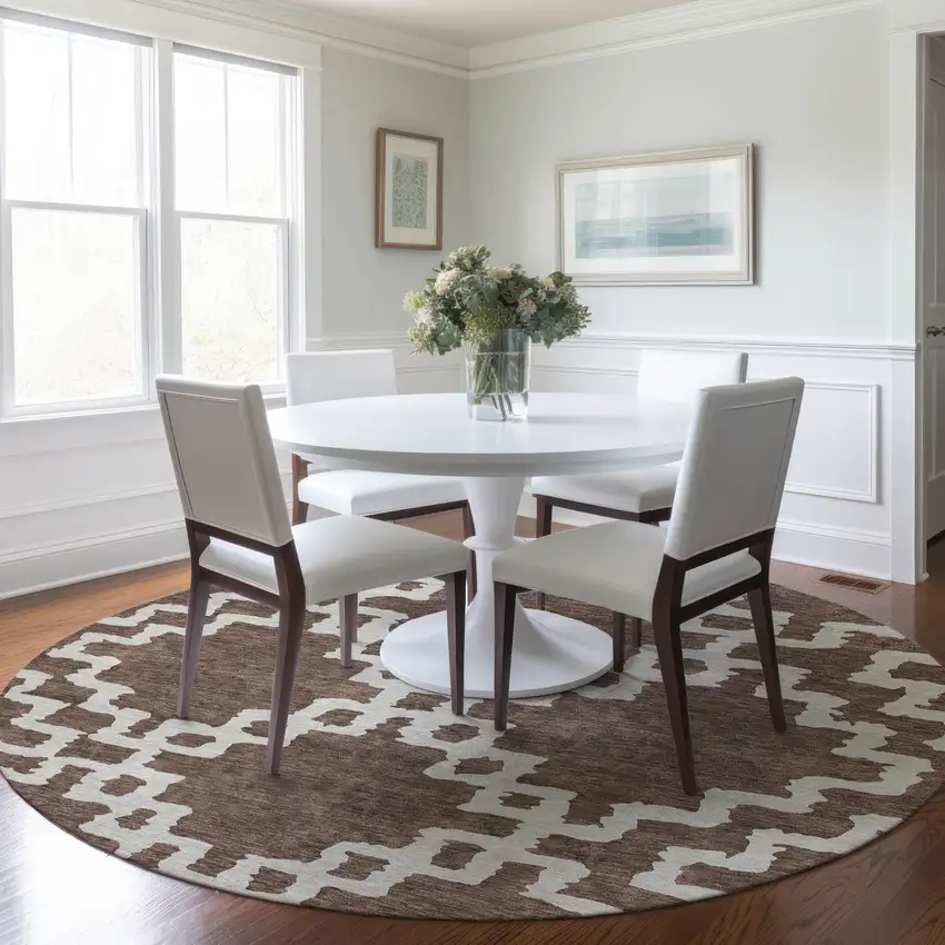 8' Brown And Ivory Round Geometric Washable Indoor Outdoor Area Rug Photo 7