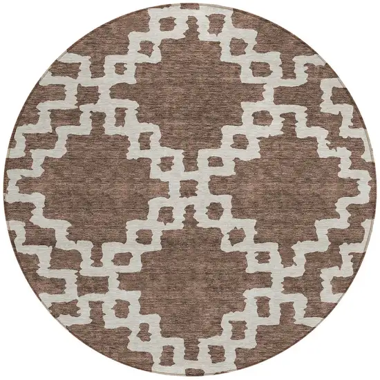8' Brown And Ivory Round Geometric Washable Indoor Outdoor Area Rug Photo 5