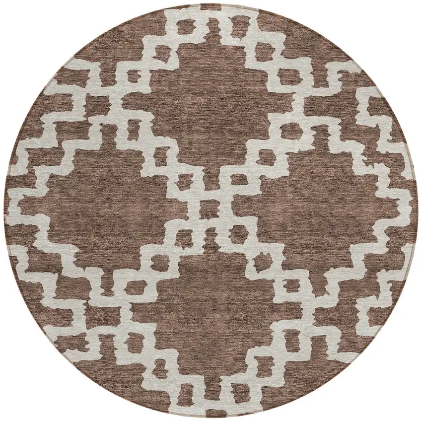 8' Brown And Ivory Round Geometric Washable Indoor Outdoor Area Rug Photo 5