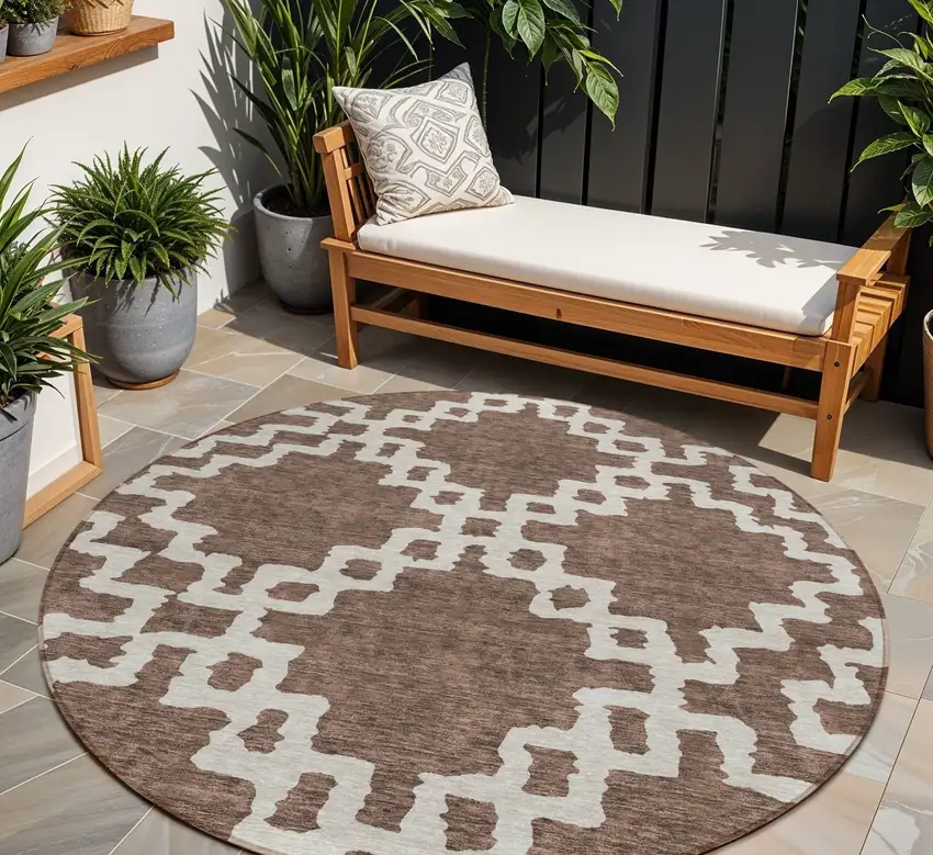 8' Brown And Ivory Round Geometric Washable Indoor Outdoor Area Rug Photo 1
