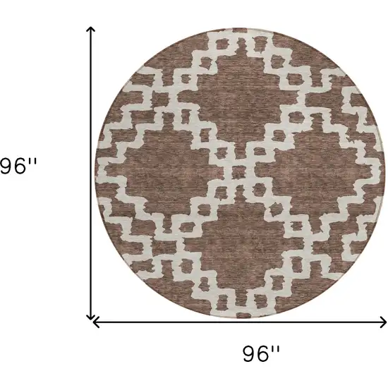 8' Brown And Ivory Round Geometric Washable Indoor Outdoor Area Rug Photo 3
