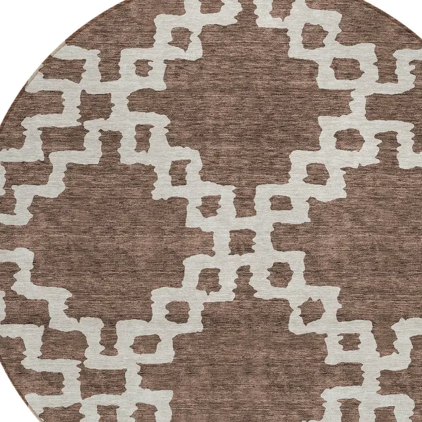 8' Brown And Ivory Round Geometric Washable Indoor Outdoor Area Rug Photo 4