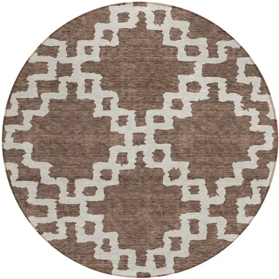 8' Brown And Ivory Round Geometric Washable Indoor Outdoor Area Rug Photo 2