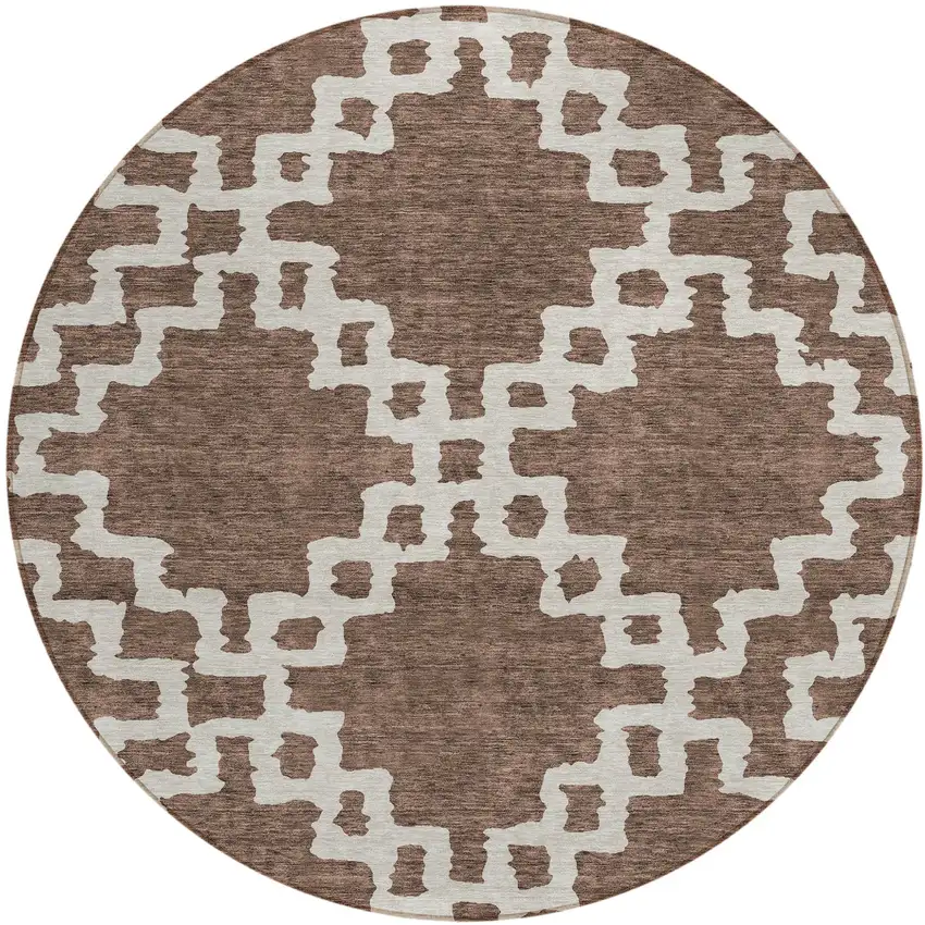 8' Brown And Ivory Round Geometric Washable Indoor Outdoor Area Rug Photo 2
