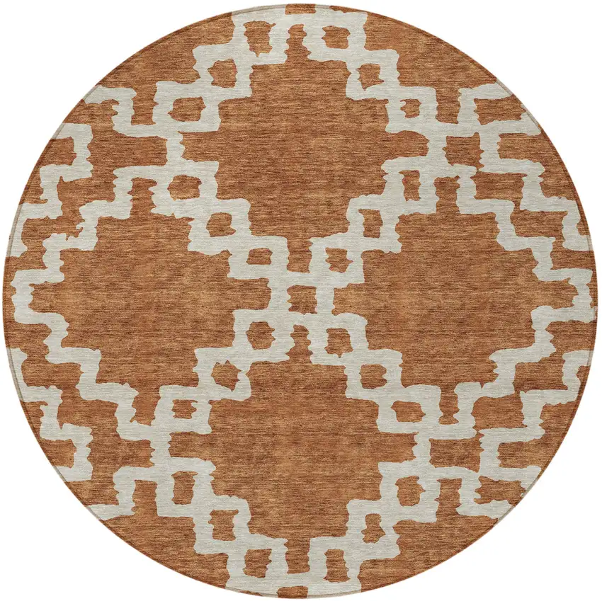 8' Brown And Ivory Round Geometric Washable Indoor Outdoor Area Rug Photo 5