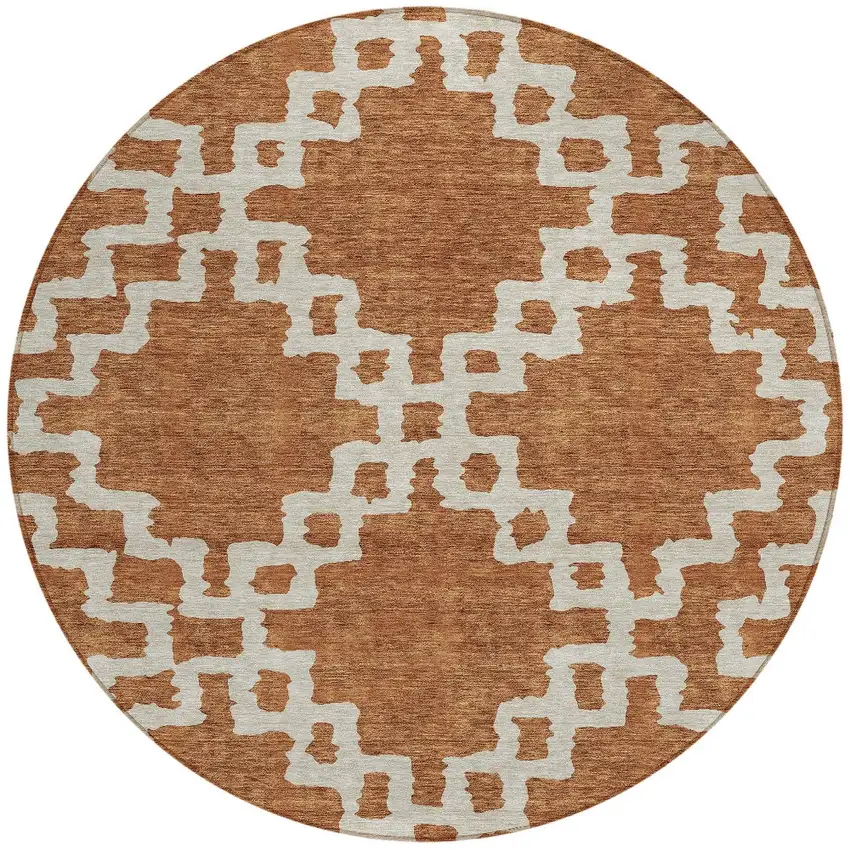 8' Brown And Ivory Round Geometric Washable Indoor Outdoor Area Rug Photo 4