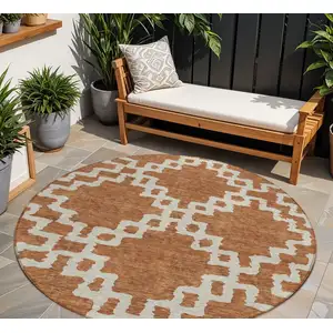 Photo of 8' Brown And Ivory Round Geometric Washable Indoor Outdoor Area Rug