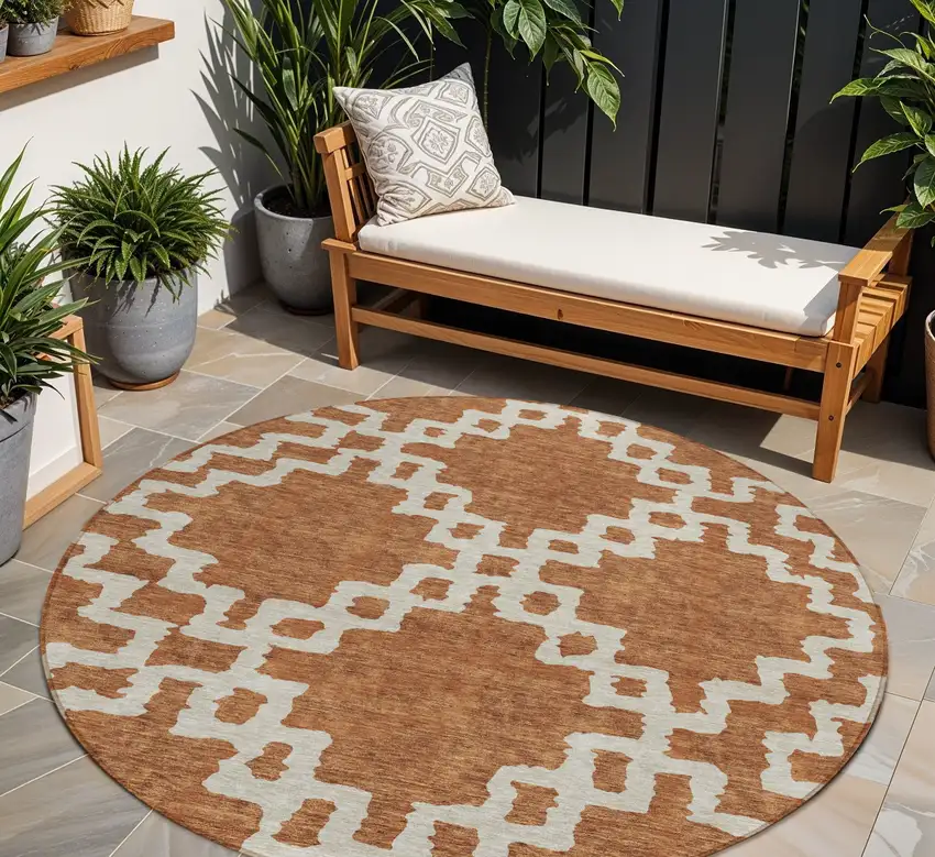 8' Brown And Ivory Round Geometric Washable Indoor Outdoor Area Rug Photo 1