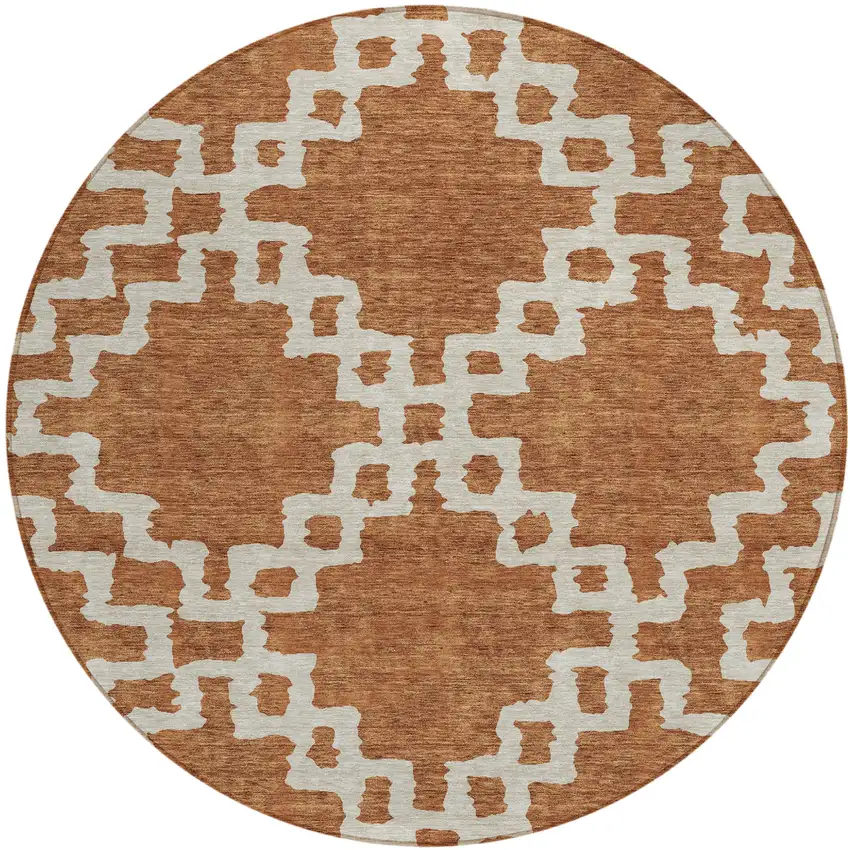 8' Brown And Ivory Round Geometric Washable Indoor Outdoor Area Rug Photo 2