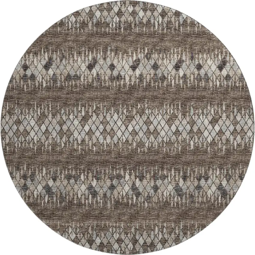 8' Brown And Ivory Round Ikat Washable Indoor Outdoor Area Rug Photo 2