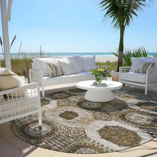 8' Brown And Ivory Round Medallion Washable Indoor Outdoor Area Rug Photo 5