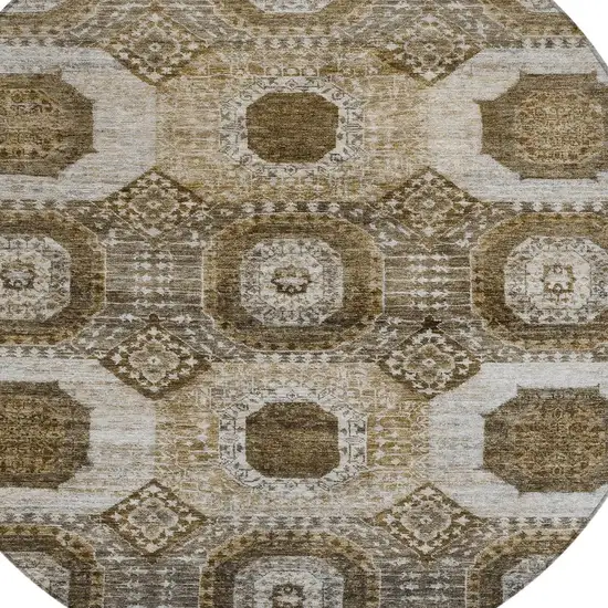 8' Brown And Ivory Round Medallion Washable Indoor Outdoor Area Rug Photo 8